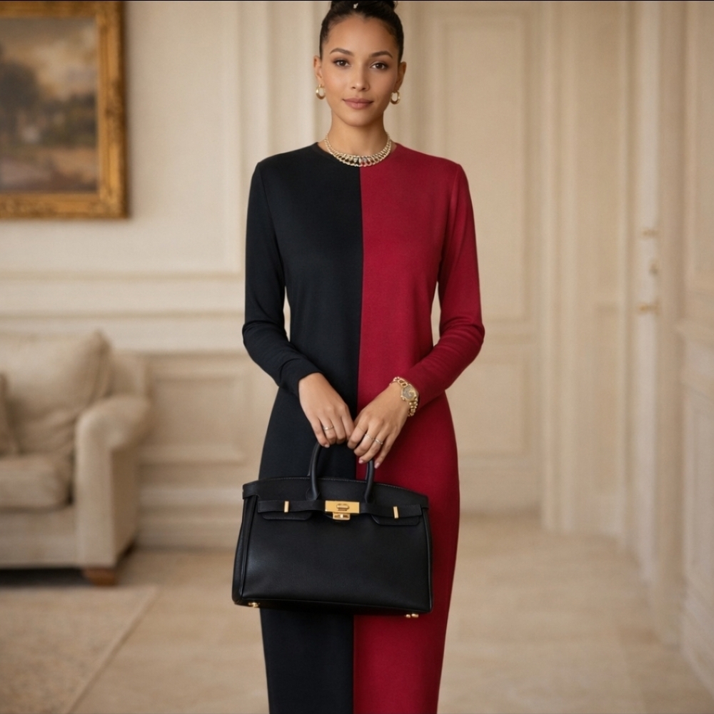Vtg Steve Stolman 100% Wool Black/ Red colorblock Long Sleeve midi Dress Sz 10
